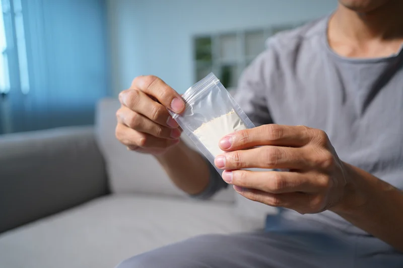 Мужчина держит пакет с белым веществом